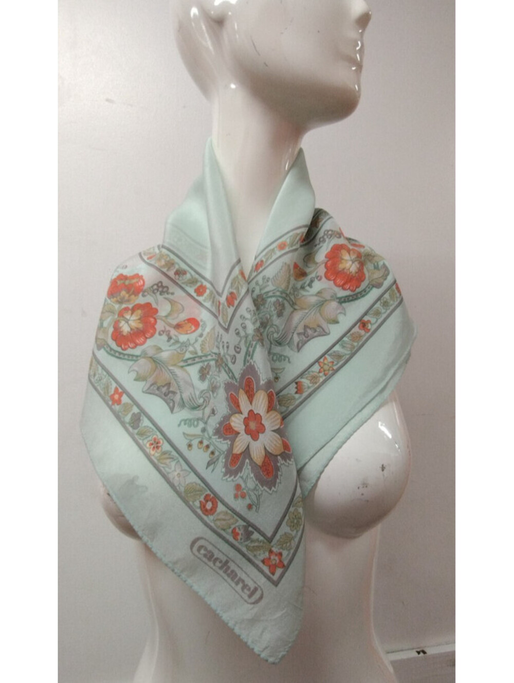 Vintage Cacharel Silk Rayon Scarf Bohemian Style Border Floral Mint Green Gray
